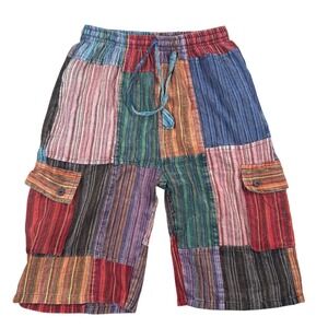 Patchwork Cargo Shorts Womens Small Multi Color Boho Hippie Festival Nepal-Made